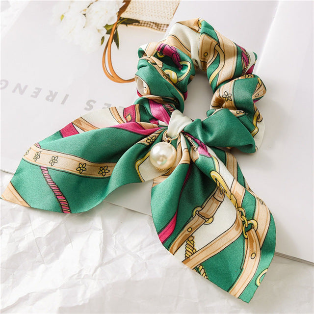 Bowknot Silk Hair Scrunchies with Pearl