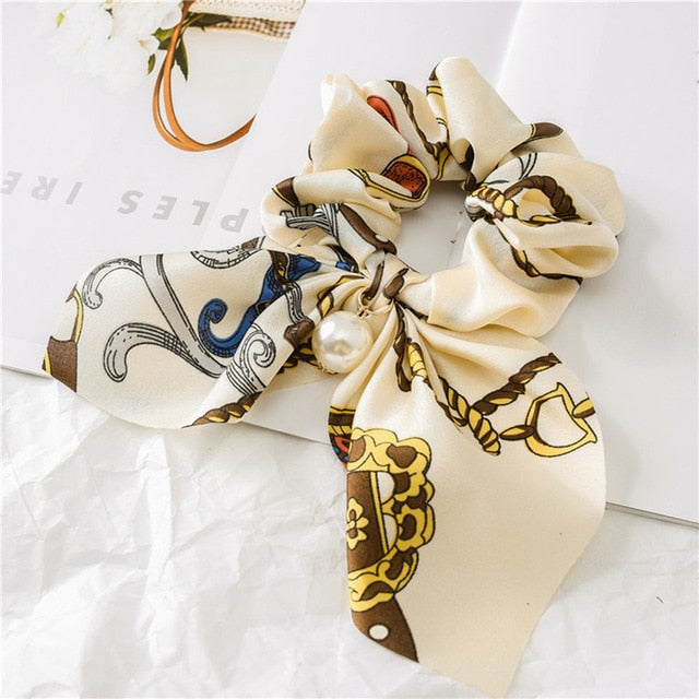 Bowknot Silk Hair Scrunchies with Pearl