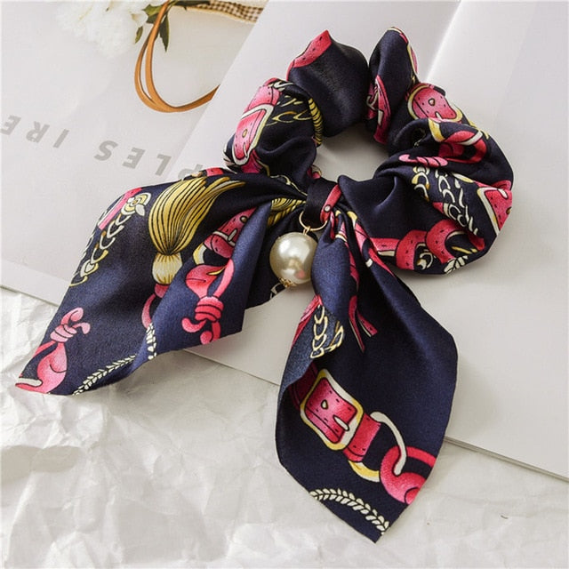 Bowknot Silk Hair Scrunchies with Pearl