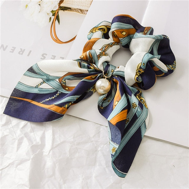 Bowknot Silk Hair Scrunchies with Pearl