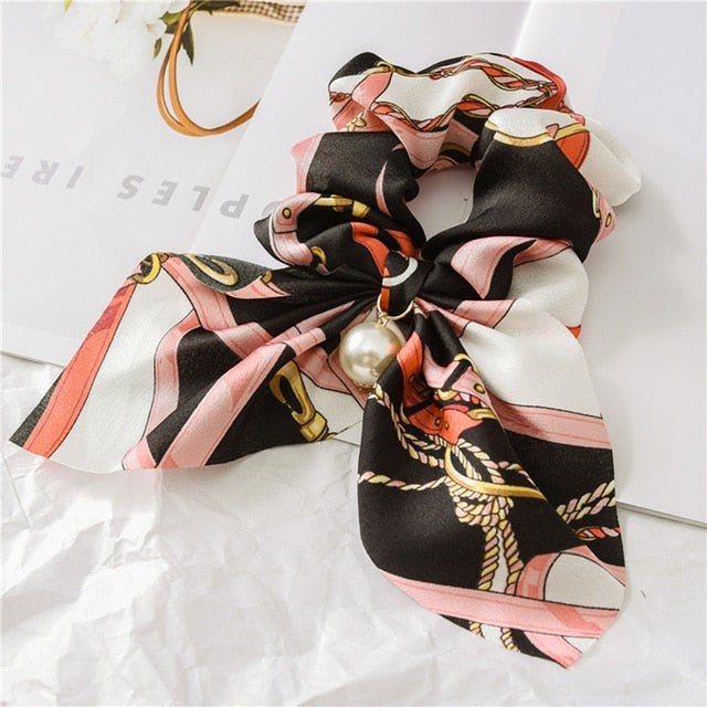 Bowknot Silk Hair Scrunchies with Pearl