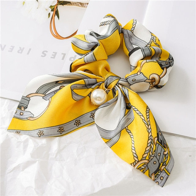 Bowknot Silk Hair Scrunchies with Pearl