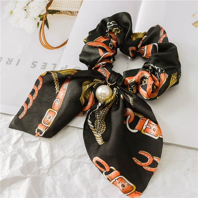 Bowknot Silk Hair Scrunchies with Pearl