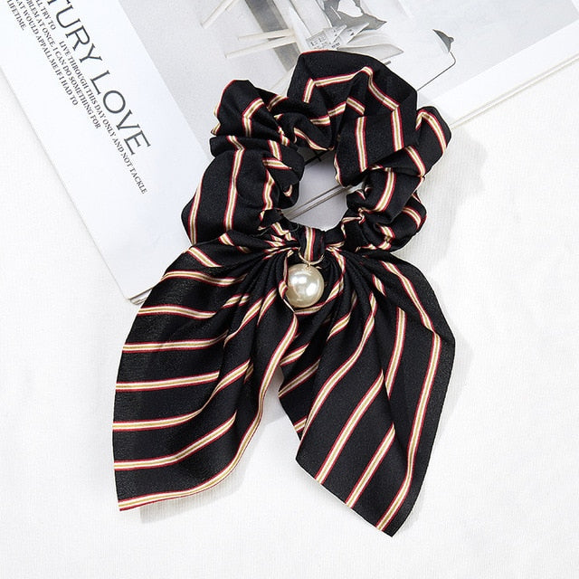 Bowknot Silk Hair Scrunchies with Pearl