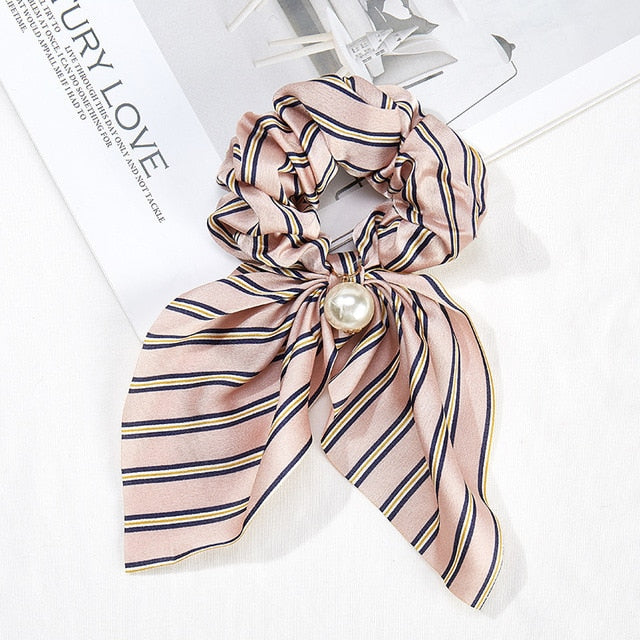 Bowknot Silk Hair Scrunchies with Pearl