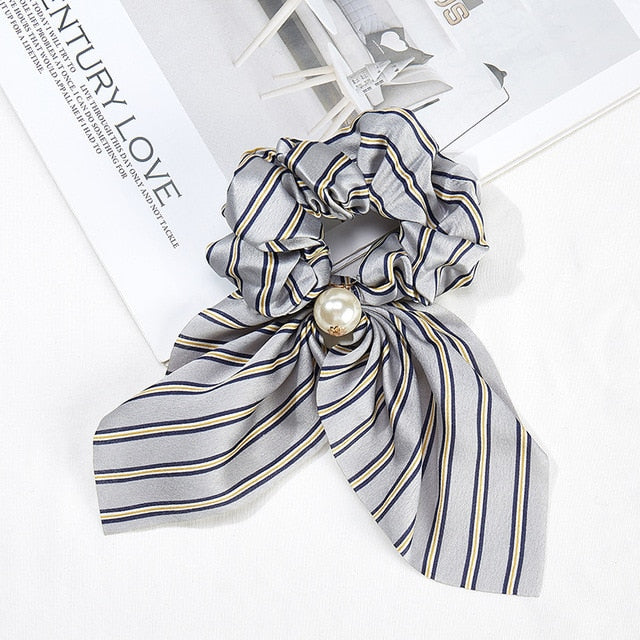 Bowknot Silk Hair Scrunchies with Pearl