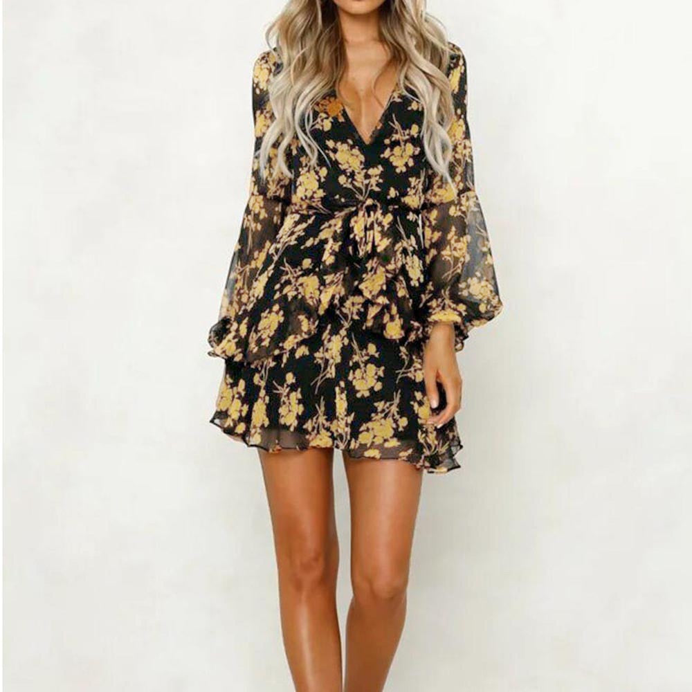 Summer Bohemia Dress Women Chiffon Floral Print Long Sleeve