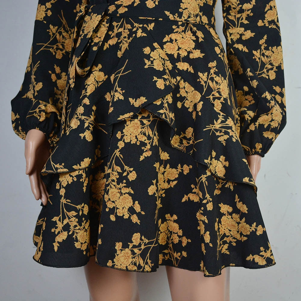 Summer Bohemia Dress Women Chiffon Floral Print Long Sleeve