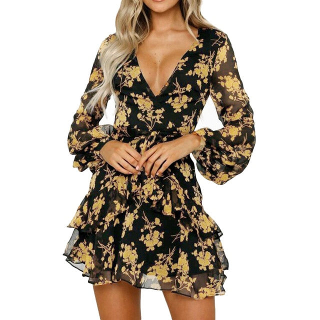 Summer Bohemia Dress Women Chiffon Floral Print Long Sleeve