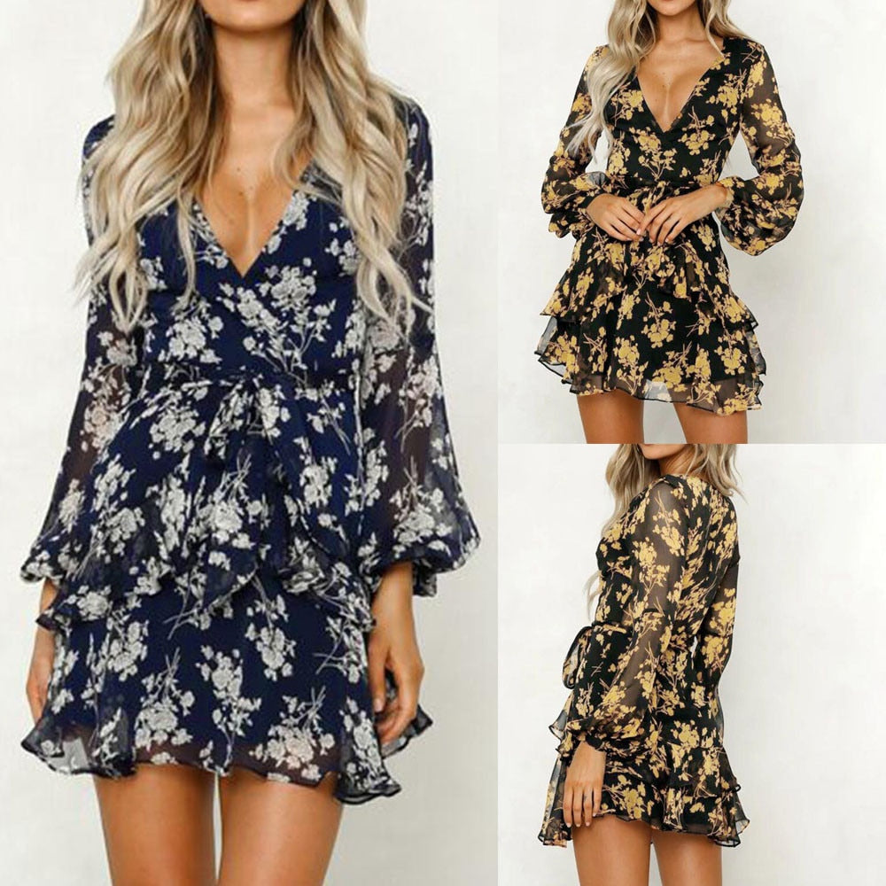 Summer Bohemia Dress Women Chiffon Floral Print Long Sleeve