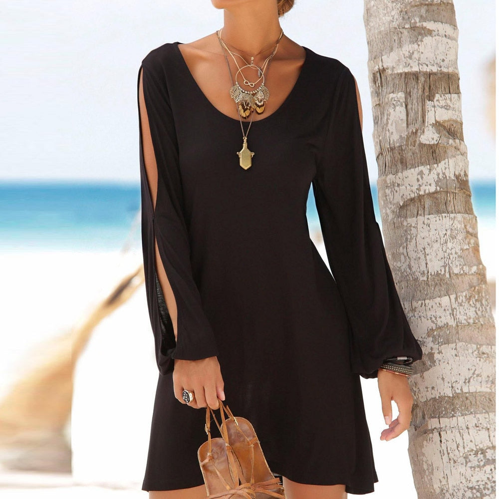 casual o-neck hollow out sleeves mini dress