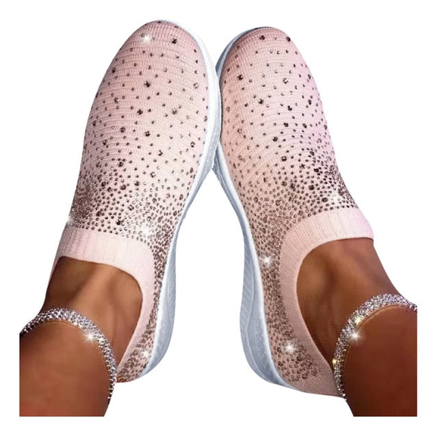 Women's Ladies Ankle Shoes Flat Loafers Crystal Fashion Bling Sneakers Casual