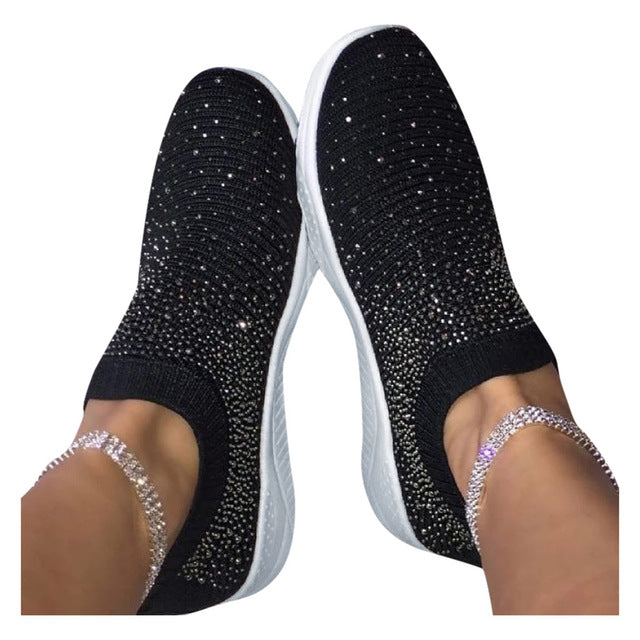 Women's Ladies Ankle Shoes Flat Loafers Crystal Fashion Bling Sneakers Casual