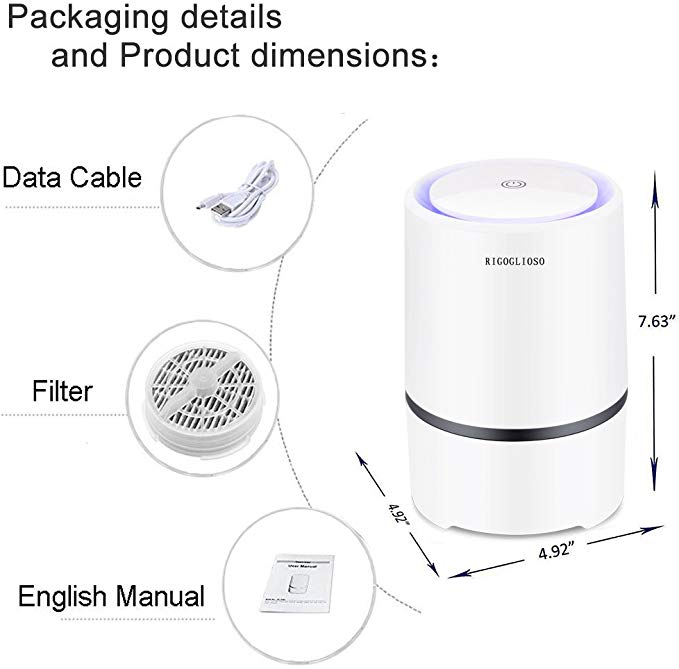 RIGOGLIOSO Air Purifier Air Cleaner for Home HEPA Filters 5v USB  cable Low Noise Air Purifier with Night Light Desktop GL2103