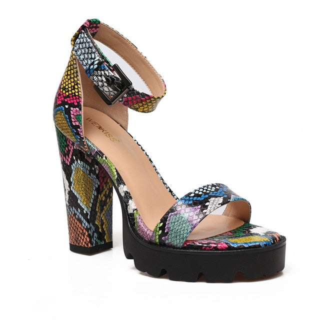 Colorful Snake Print Sandals Women Thick High Heel Platform