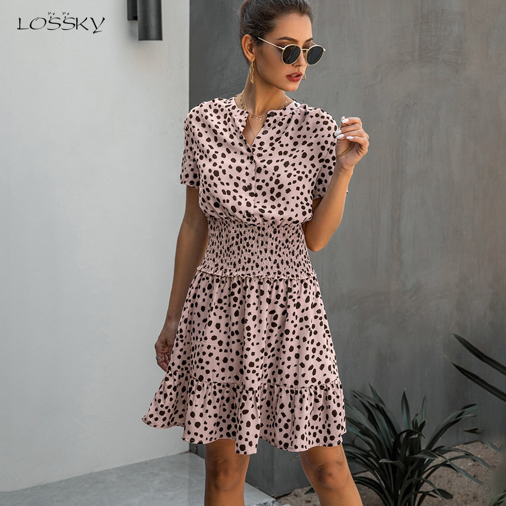 Dress Women Leopard Casual Black Summer Ruffle Mini Dresses