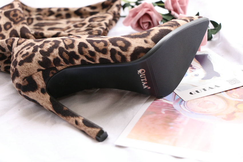 Leopard Sexy High Heel Pointed Toe Over The Knee Boots Women Shoes Size 34-43