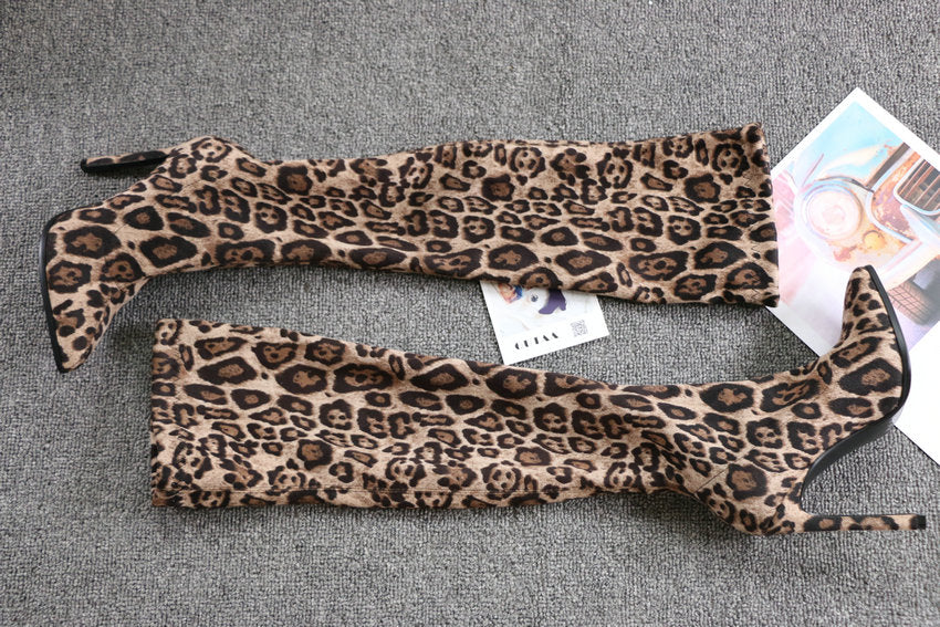 Leopard Sexy High Heel Pointed Toe Over The Knee Boots Women Shoes Size 34-43