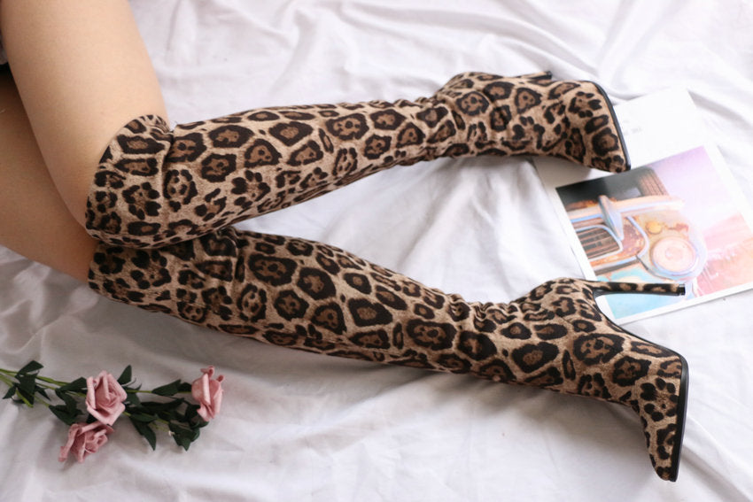 Leopard Sexy High Heel Pointed Toe Over The Knee Boots Women Shoes Size 34-43