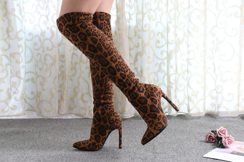 Leopard Sexy High Heel Pointed Toe Over The Knee Boots Women Shoes Size 34-43