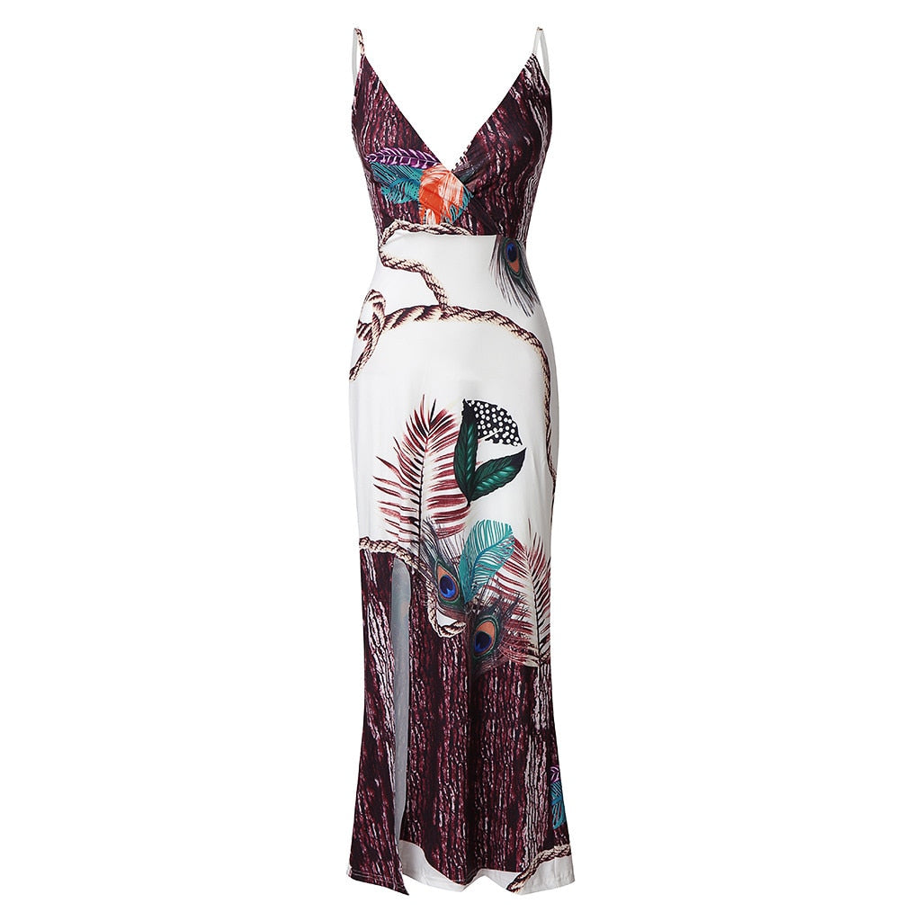 Peacock Feather Print Split Dress