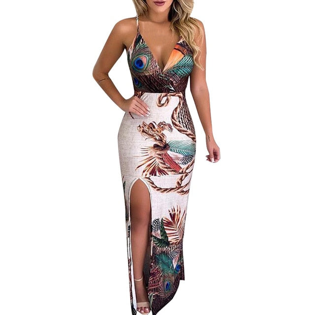 Peacock Feather Print Split Dress