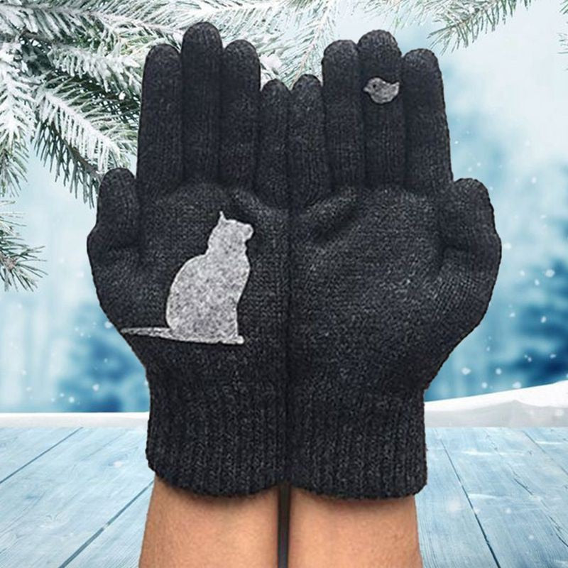 Winter Warm Cold Cashmere Gloves Cat Print