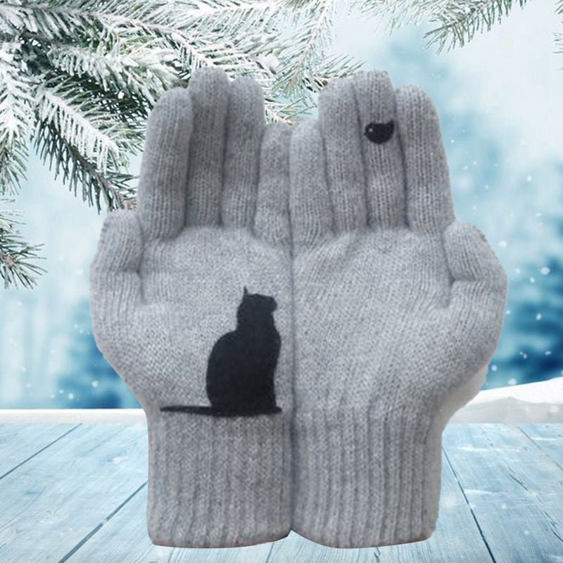 Winter Warm Cold Cashmere Gloves Cat Print