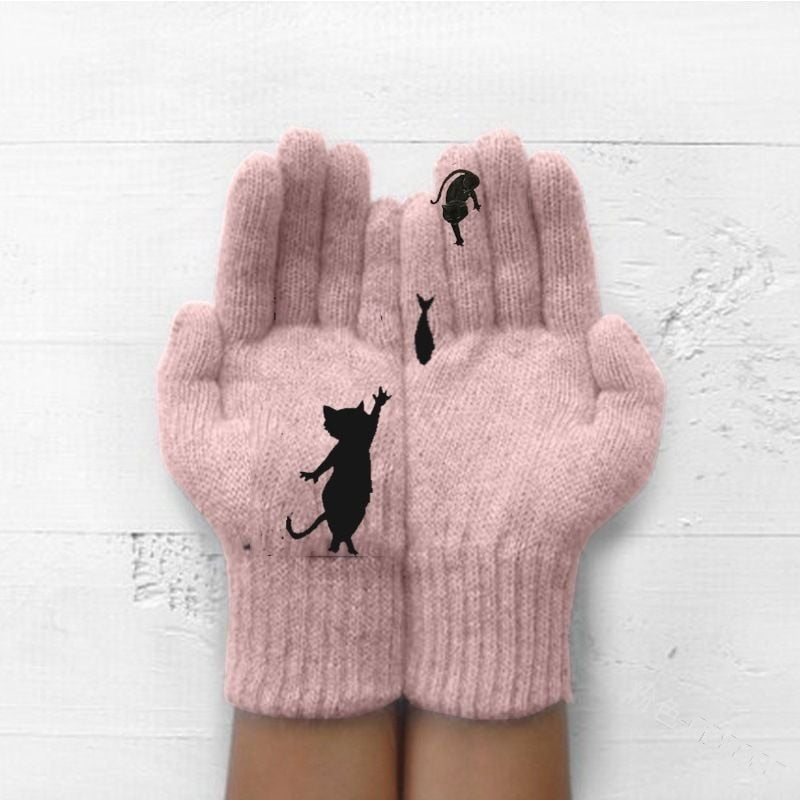 Winter Warm Cold Cashmere Gloves Cat Print