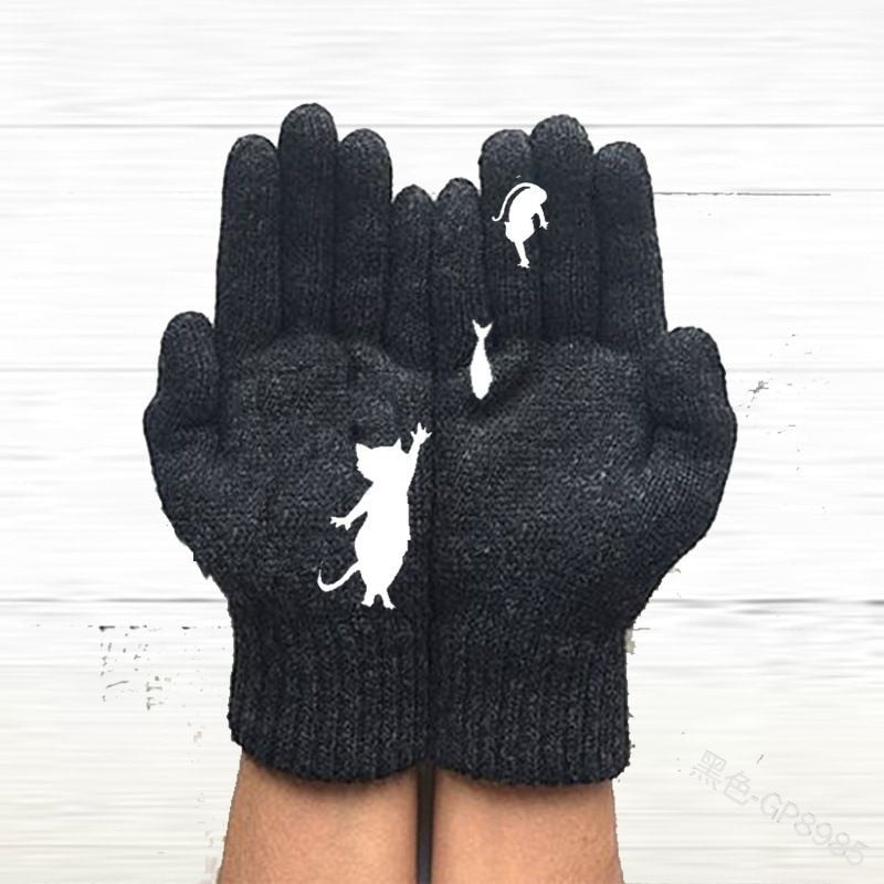 Winter Warm Cold Cashmere Gloves Cat Print