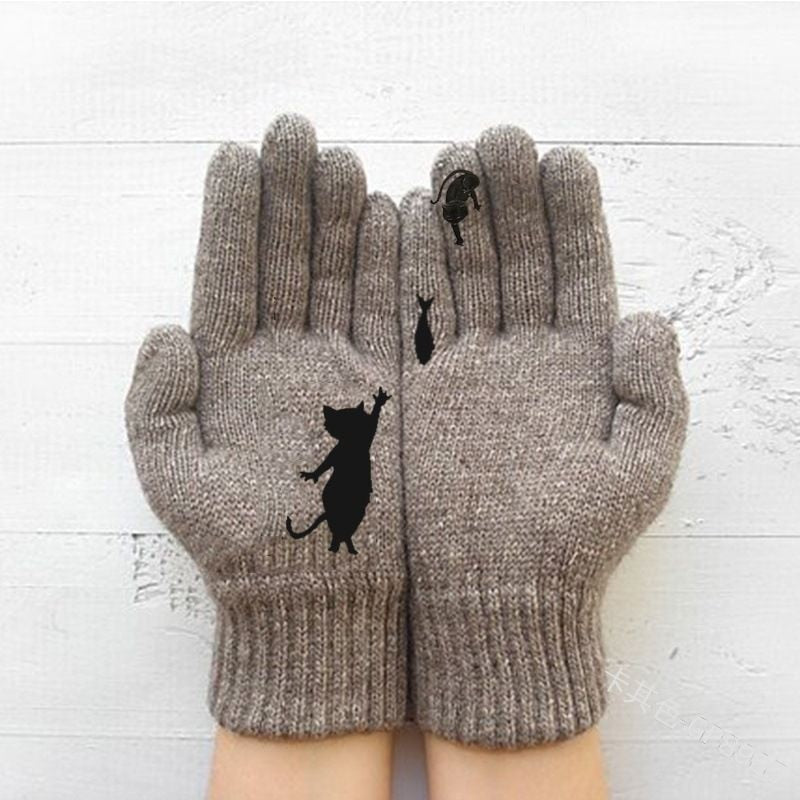 Winter Warm Cold Cashmere Gloves Cat Print