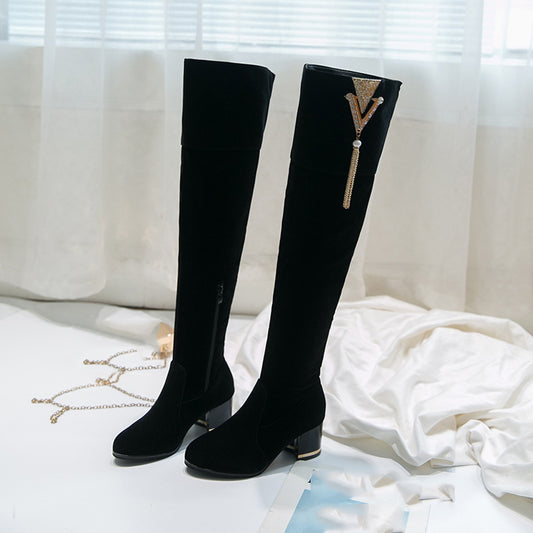 Retro Over-the-Knee Suede Long Boots Black