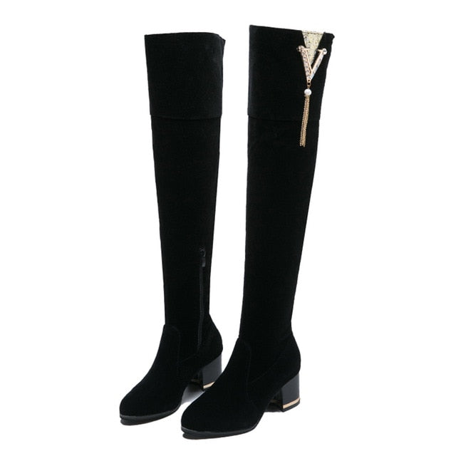 Retro Over-the-Knee Suede Long Boots Black
