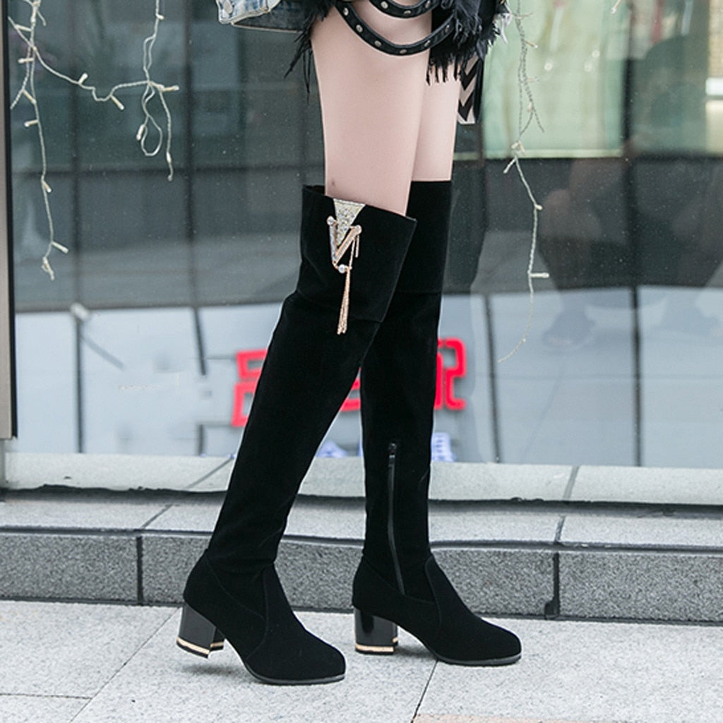 Retro Over-the-Knee Suede Long Boots Black