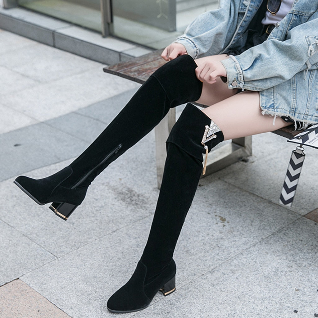 Retro Over-the-Knee Suede Long Boots Black