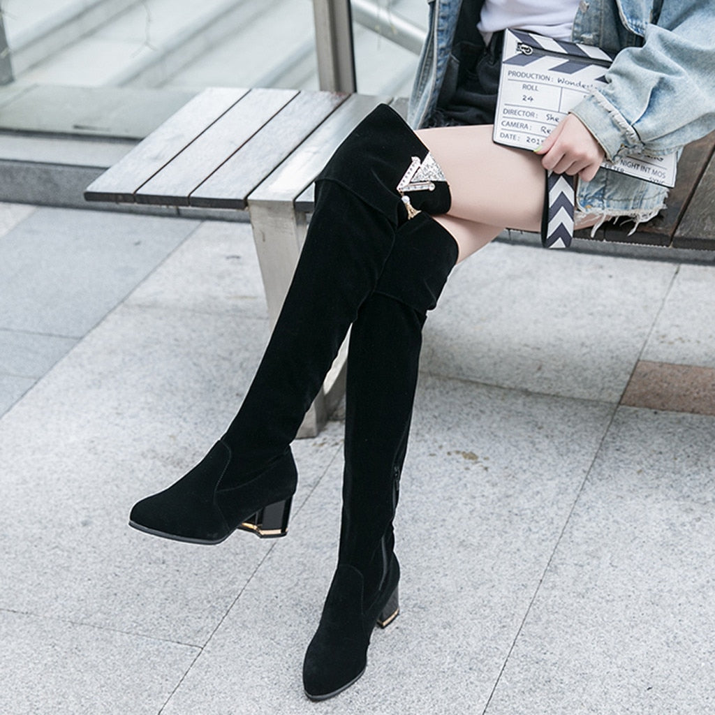 Retro Over-the-Knee Suede Long Boots Black